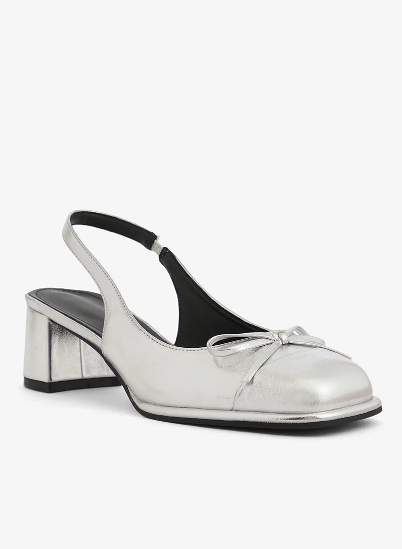 ايلا Silver Metallic Ballet Mid Block Heel Sling Back